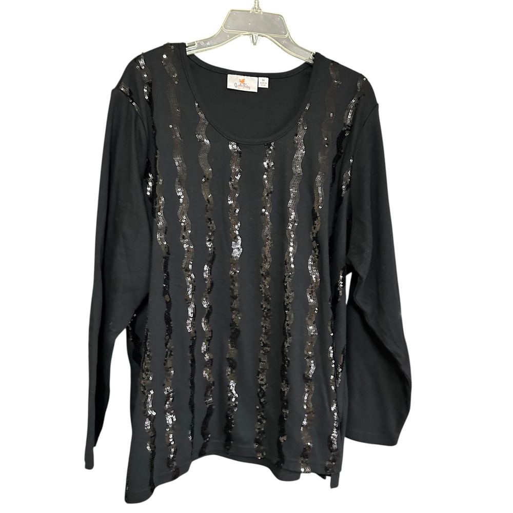 Quacker Factory Womens Black Long Sleeve Sequined Wavy Stripe Top 3X Whimsigoth - Picture 1 of 7